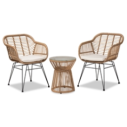 Baxton Studio Giorgia Modern and Contemporary Beige Fabric Upholstered and Brown Synthetic Rattan 3-Piece Patio Set
